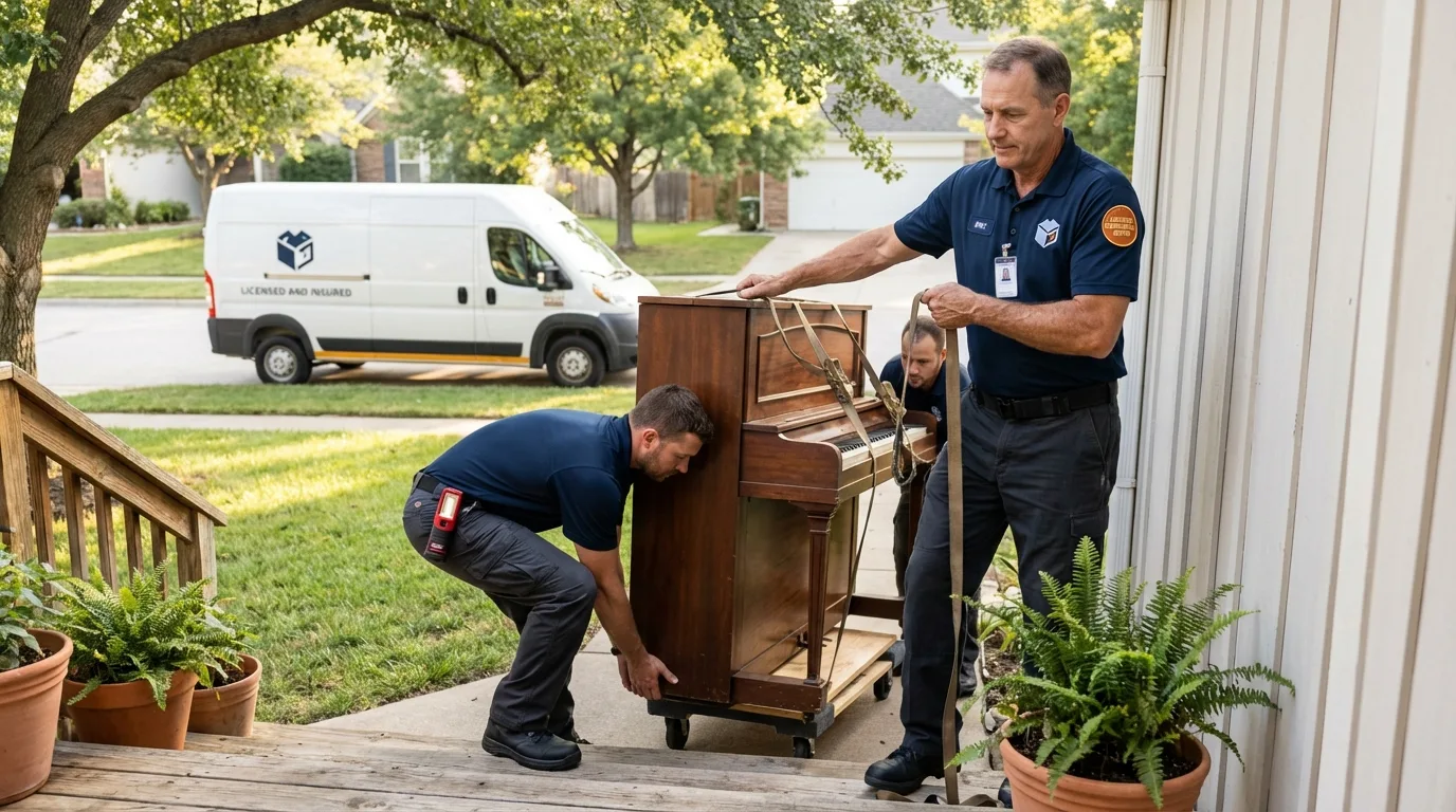 Licensed piano movers securing grand piano in Nahant, MA