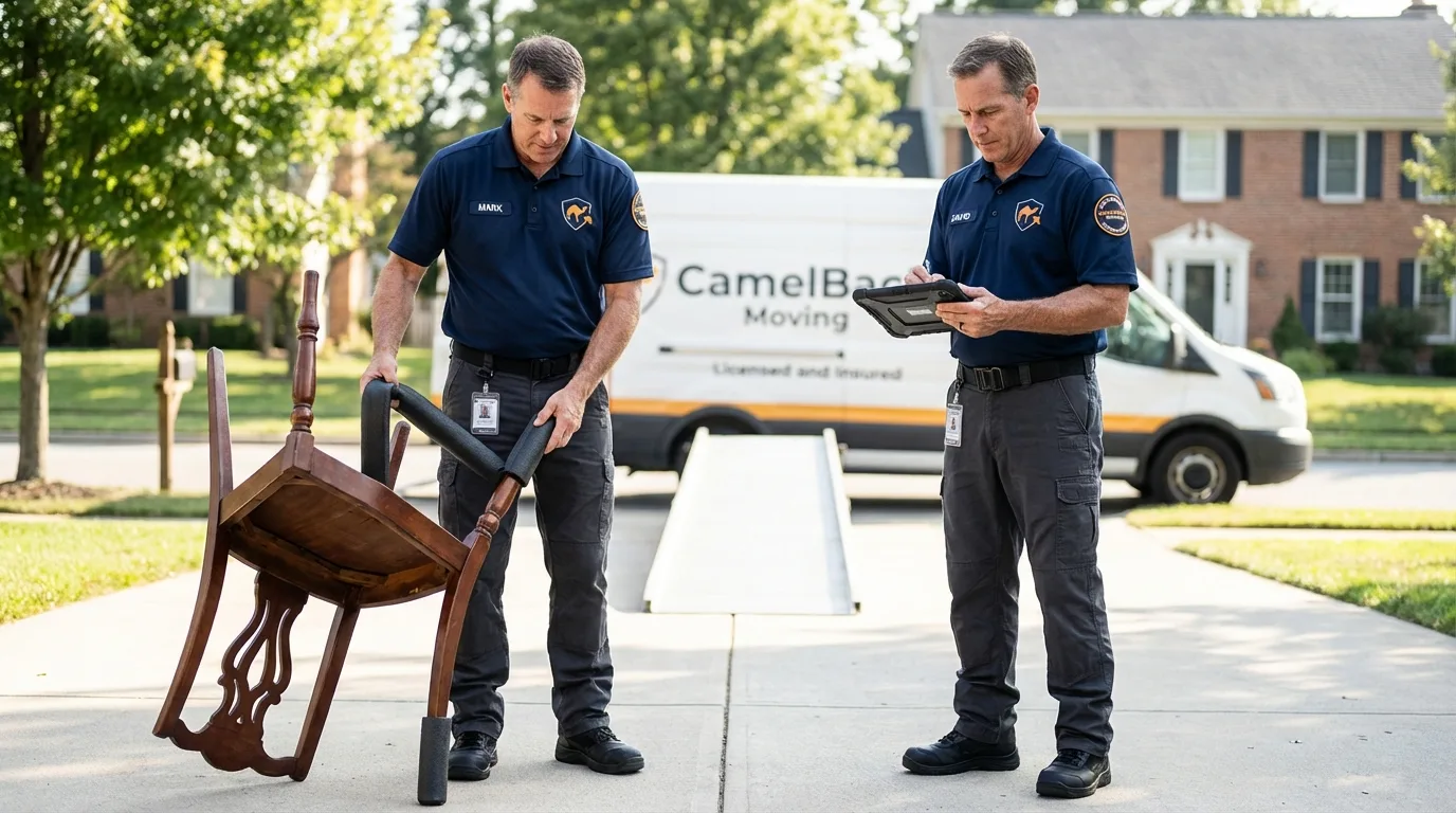 Movers inspecting furniture for damage prevention before loading in Nahant, MA